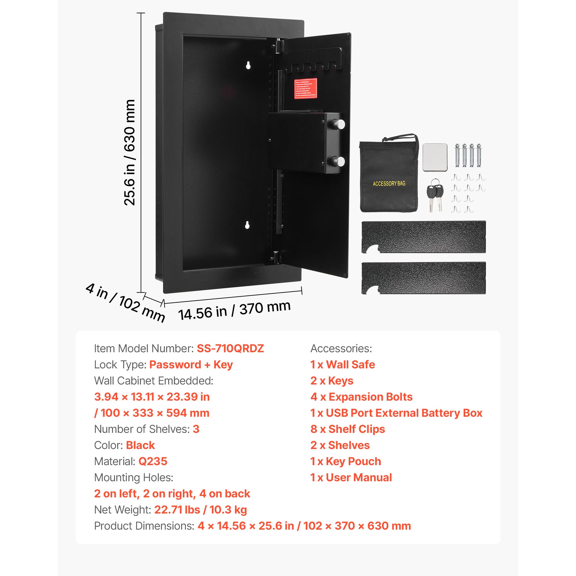 Wall Safe, 3-Tier Hidden Wall Mounted Safe with Password & Key, Q235 Cold-Rolled Steel In-Wall Box with LED Lighting, 2 Adjus