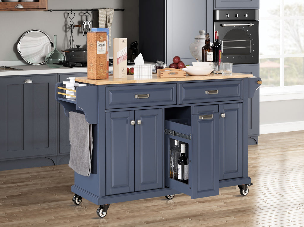 Kitchen Island with Rubber wood Countertop, Kitchen Cart on 5 Wheels with Storage Cabinet and 2 Top Drawers and A center double layered storage drawer for Dinning Room, Blue - Grand Goldman Shop