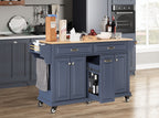 Kitchen Island with Rubber wood Countertop, Kitchen Cart on 5 Wheels with Storage Cabinet and 2 Top Drawers and A center double layered storage drawer for Dinning Room, Blue - Grand Goldman Shop