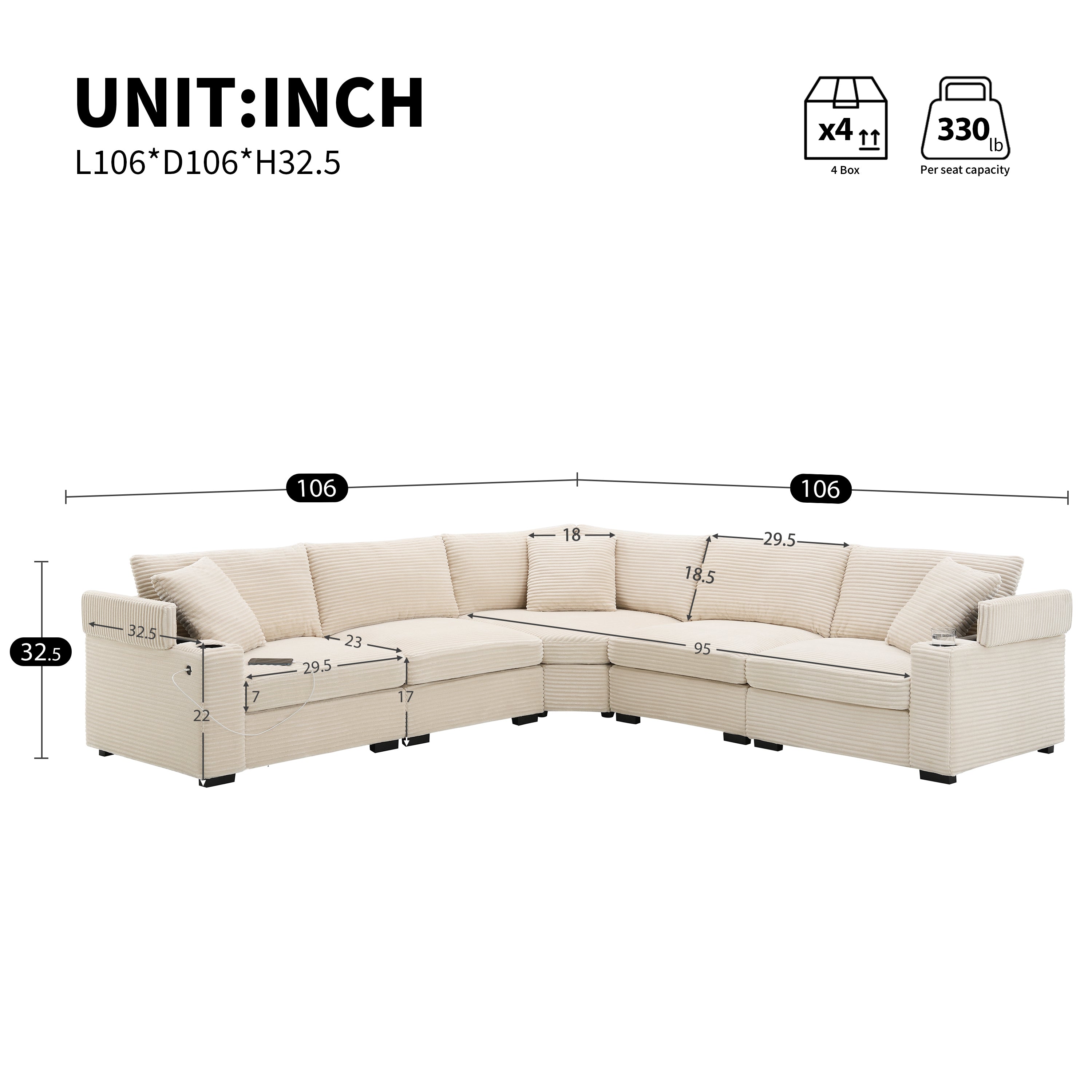 106' Convertible L Shaped Sectional Sofa,Corduroy Corner Couch with Armrest Storage,Cup Holders,USB Charger,Irregular Corner,Oversized Comfy Modular Sofa for Living Room,Apartment,2 Colors - Grand Goldman Shop