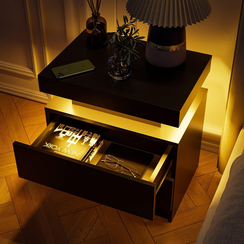 Nightstand LED Bedside Table Cabinet Lights Modern End Side with 2 Drawers for Bedroom (Black) - Grand Goldman Shop