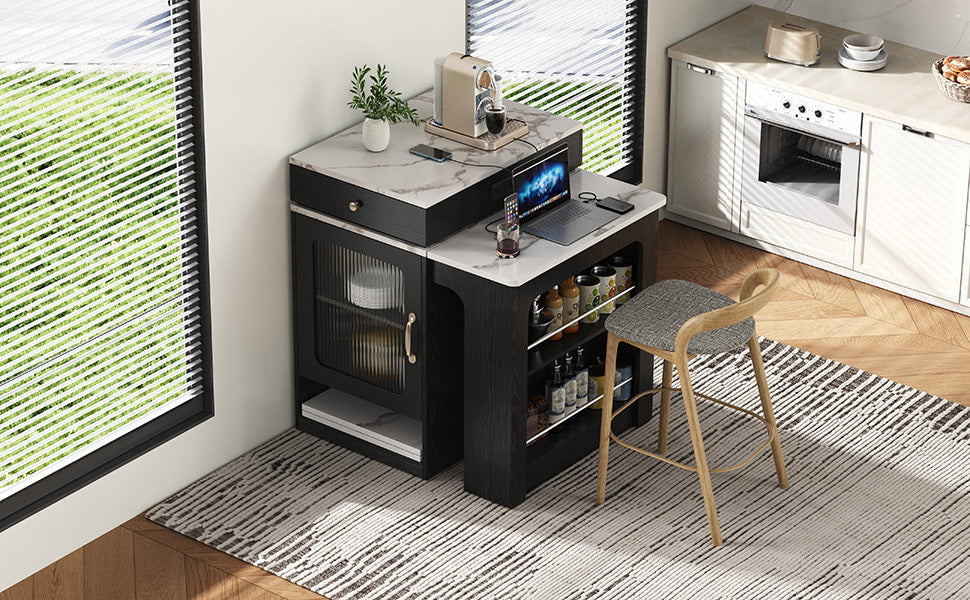 K&K 59.5' Kitchen Island with Extendable Dining Table, Kitchen Storage Table with Double-sided Storage, Kitchen Island with 2 Drawers, Power Outlet, Side Open Shelves, for Kitchen, Dining Room, Black - Grand Goldman Shop