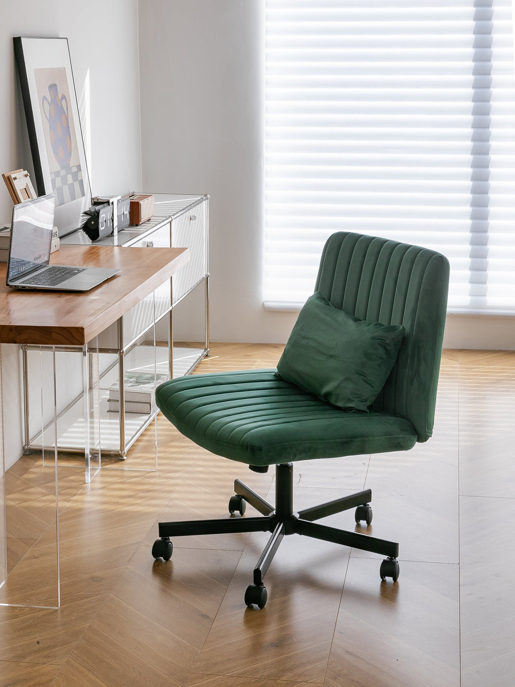 Green Velvet Criss Cross Armless Office Chair with Wheels - Comfortable & Stylish for Home Office, Meditation, and Makeup Use