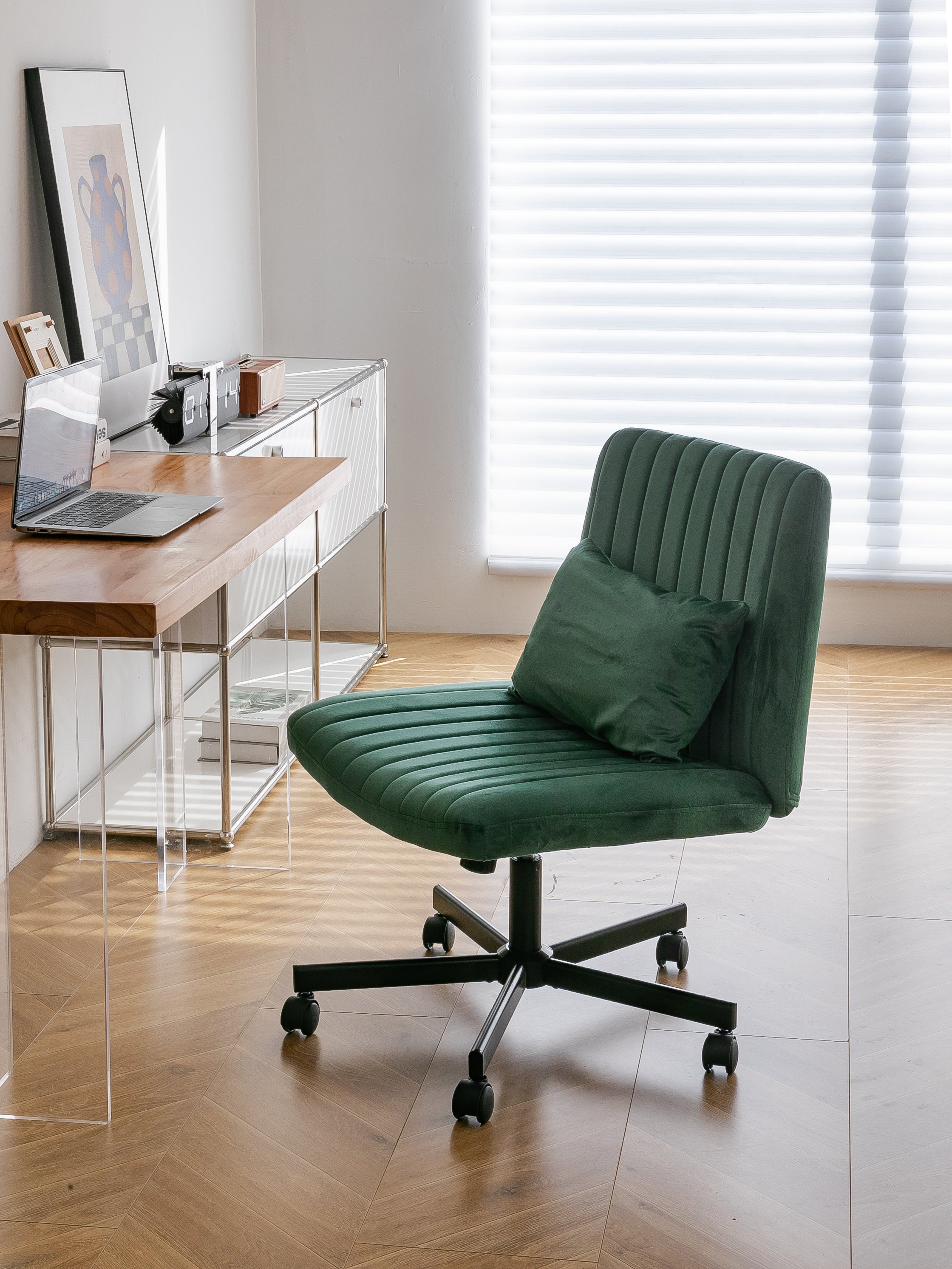 Green Velvet Criss Cross Armless Office Chair with Wheels - Comfortable & Stylish for Home Office, Meditation, and Makeup Use