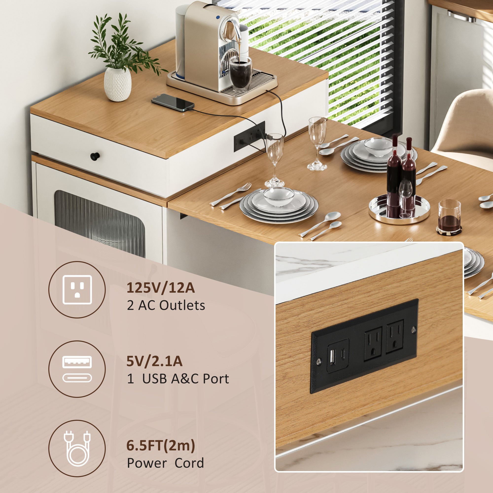 K&K 59.5' Kitchen Island with Extendable Dining Table, Kitchen Storage Table with Double-sided Storage, Kitchen Island with 2 Drawers, Power Outlet, Side Open Shelves, for Kitchen, Dining Room, White - Grand Goldman Shop