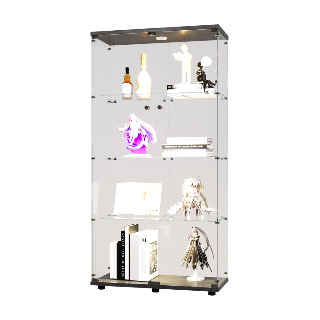 Two-door LED lights  Glass Display Cabinet 4 Shelves with Door, Floor Standing Curio Bookshelf for Living Room Bedroom Office