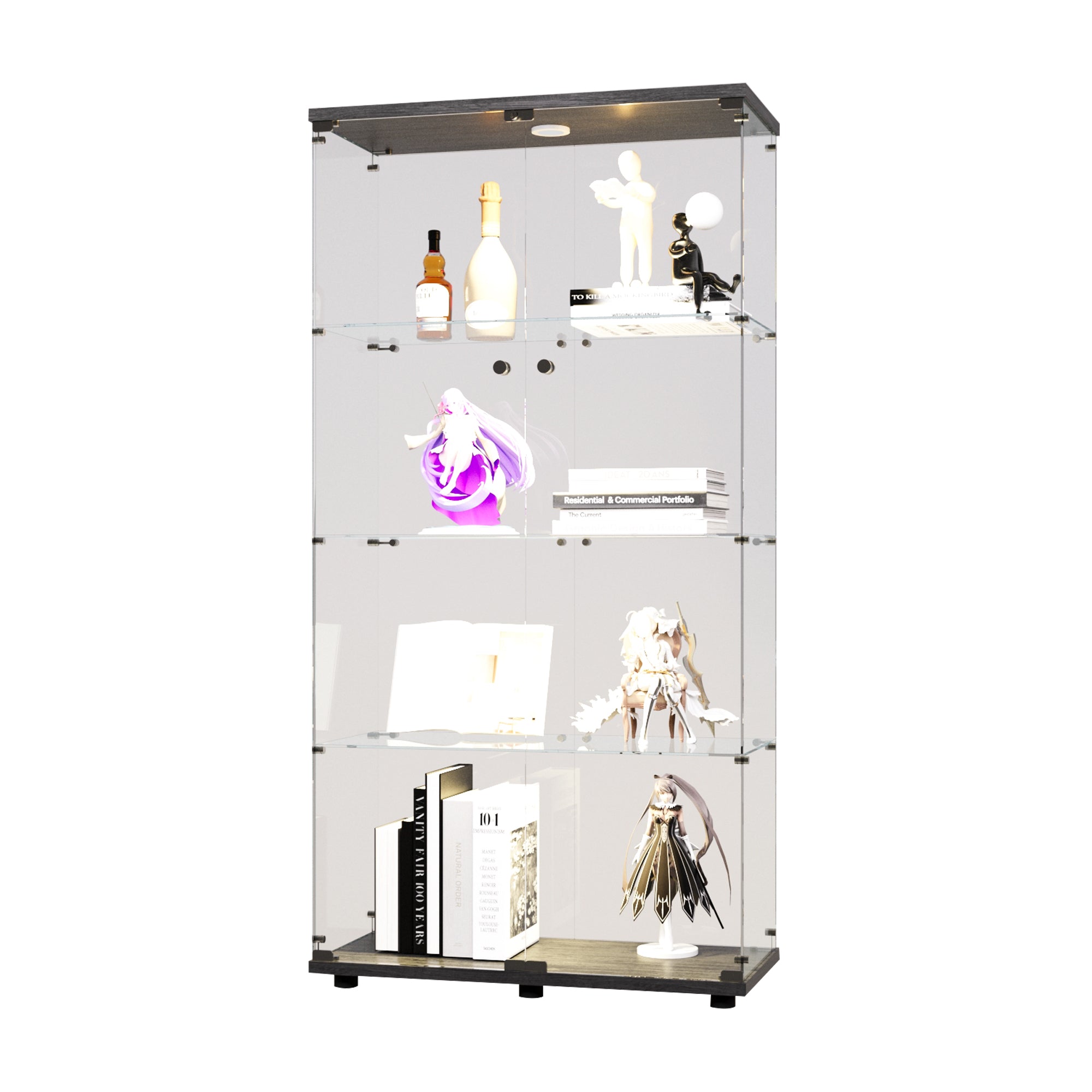 Two-door LED lights  Glass Display Cabinet 4 Shelves with Door, Floor Standing Curio Bookshelf for Living Room Bedroom Office