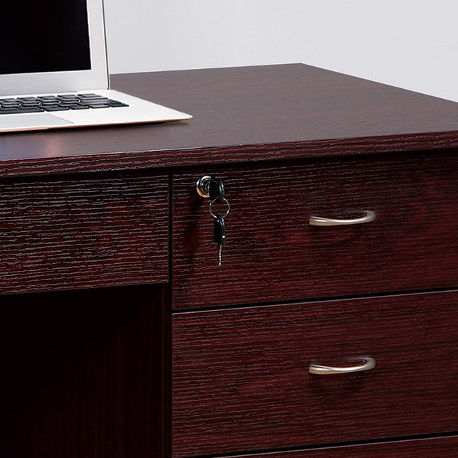 Three locking drawers on metal glides Student Desk Work Desk Modesty Panel Metal Bar Handles Mahogany color | Premium Home De