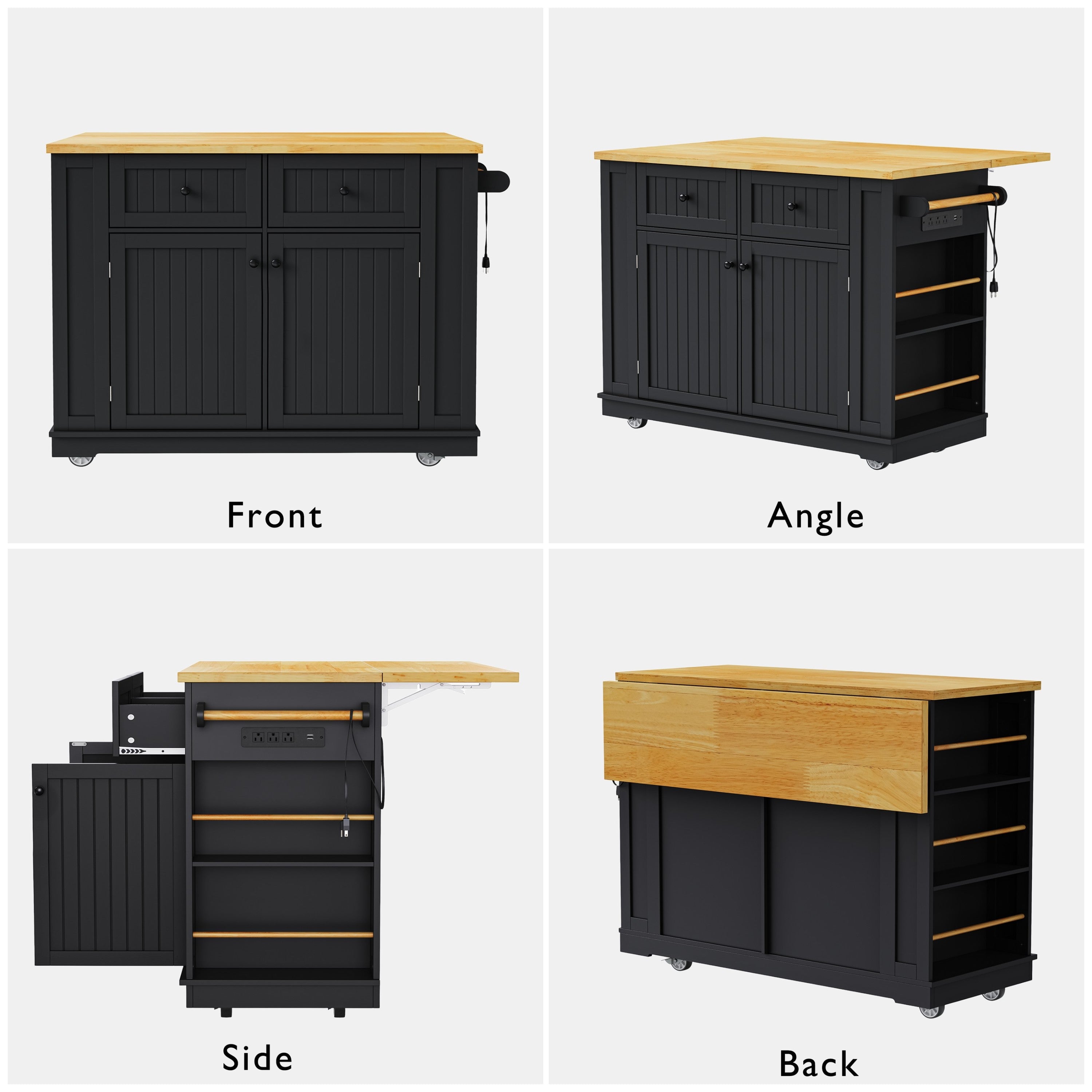 48 inch Kitchen Island with Drop Leaf,Power Outlet,Internal Storage Rack,Rolling Kitchen Storage Cart on 5 Wheels with 5 Open Side Racks,for Kitchen,Black (Old SKU N707P257057B)(Not Include Stools) - Grand Goldman Shop