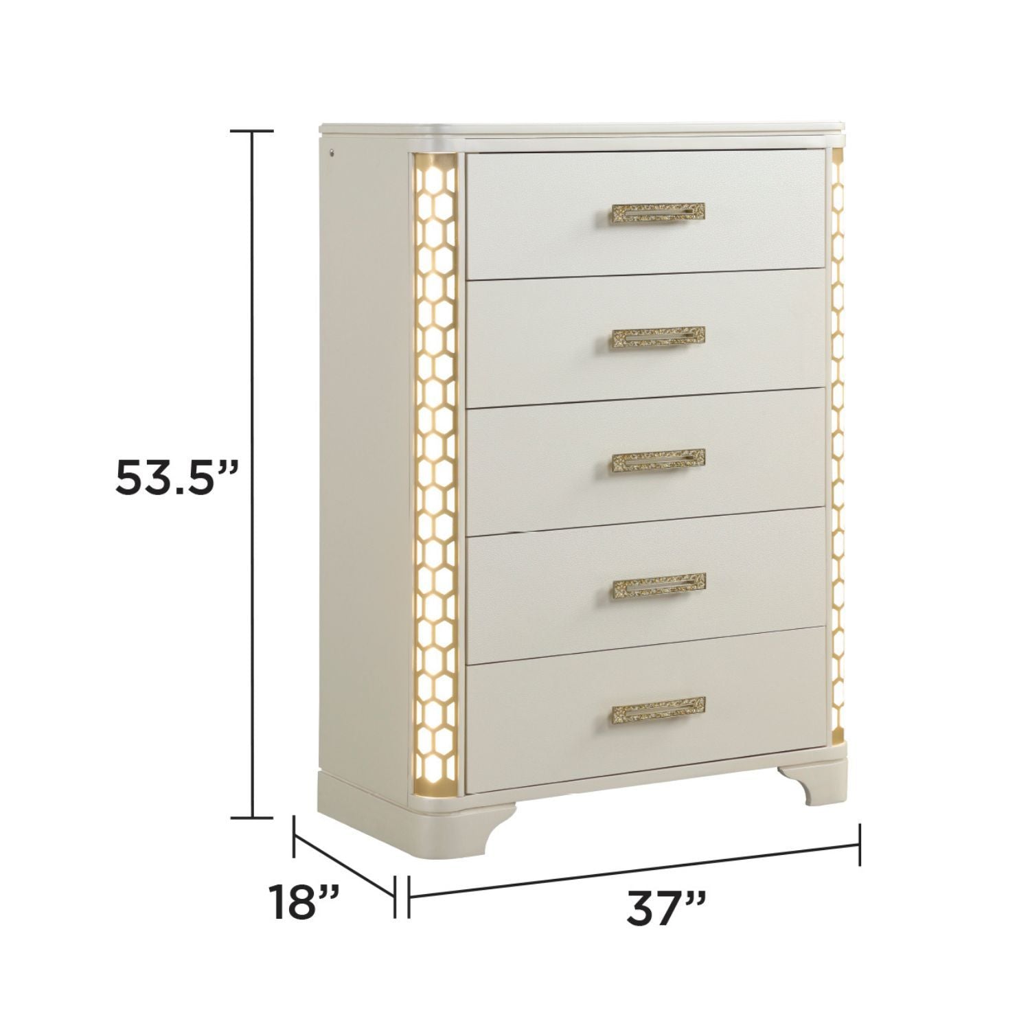Jasmine Queen 5 Pc LED Bedroom Set in Beige made with Wood and Gold Accents - Grand Goldman Shop