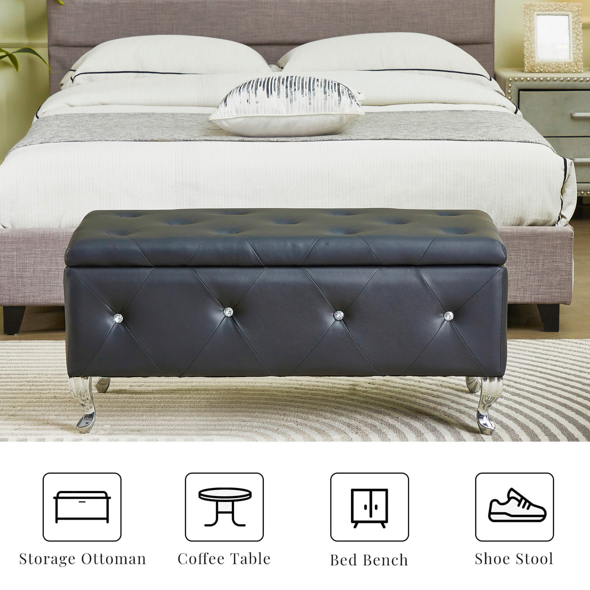 Upholstered Storage Ottoman Bench For Bedroom End Of Bed Faux Leather Rectangular Storage Benches Footrest With Crystal Buttons For Living Room Entryway (Black) - Grand Goldman Shop
