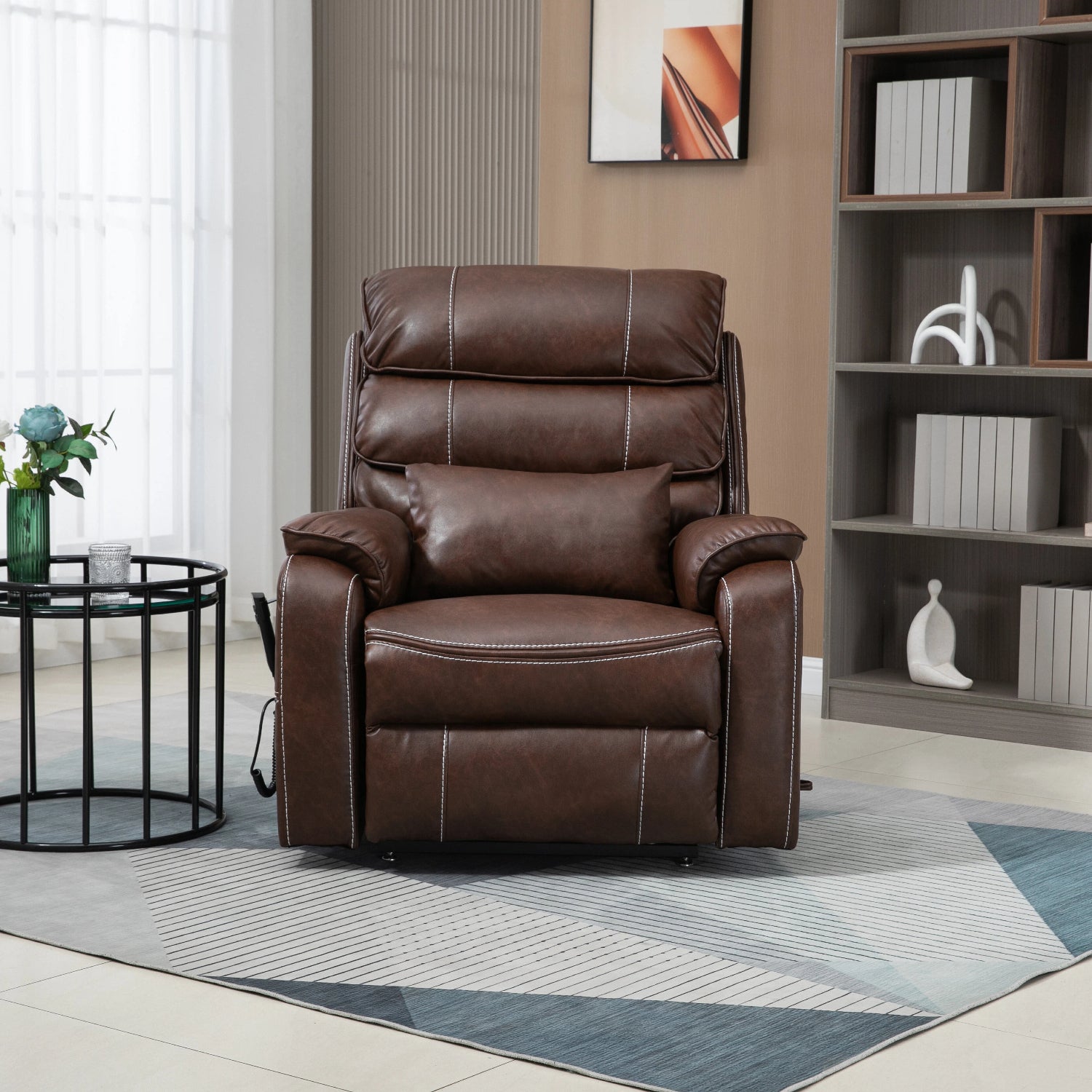 Premium Brown Technical Leather 180-Degree Lay Flat Recliner Chair with Wireless Charging, Lumbar Support, and Dual Motor Lift for Big & Tall Comfort - Grand Goldman Shop