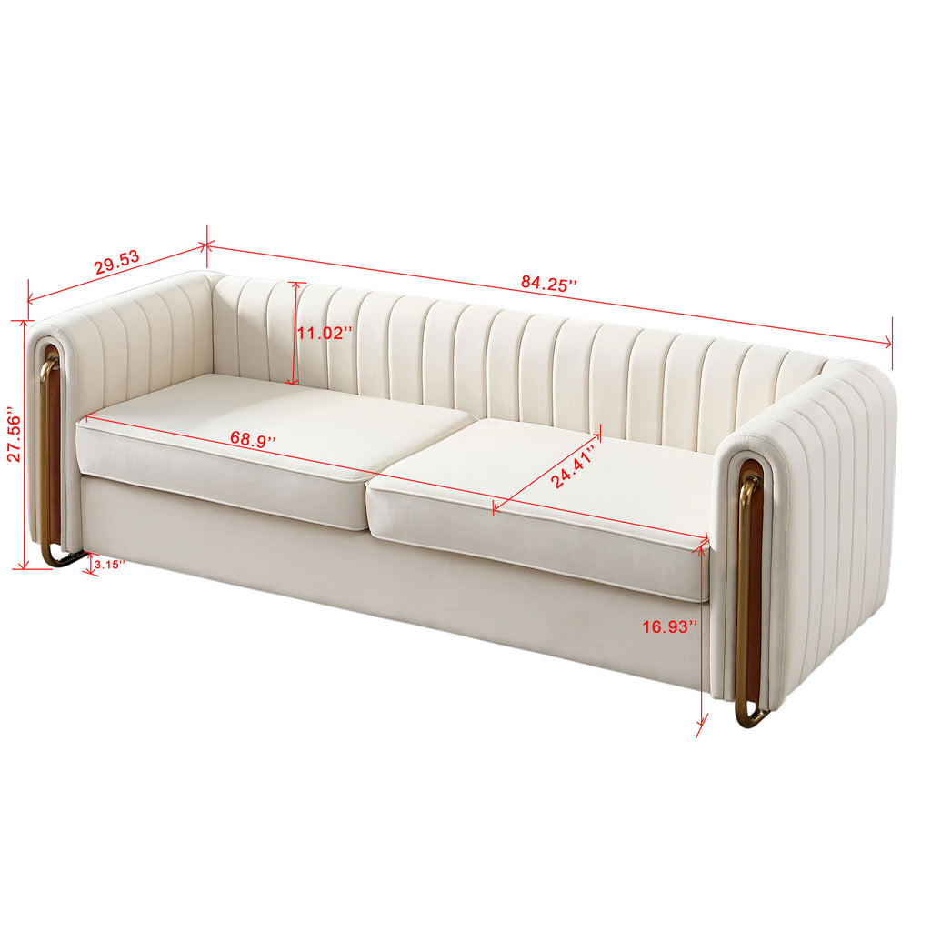 Contemporary Velvet Sofa Couch 84.25''W for Living Room, Beige - Grand Goldman Shop