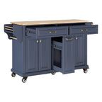 Kitchen Island with Rubber wood Countertop, Kitchen Cart on 5 Wheels with Storage Cabinet and 2 Top Drawers and A center double layered storage drawer for Dinning Room, Blue - Grand Goldman Shop