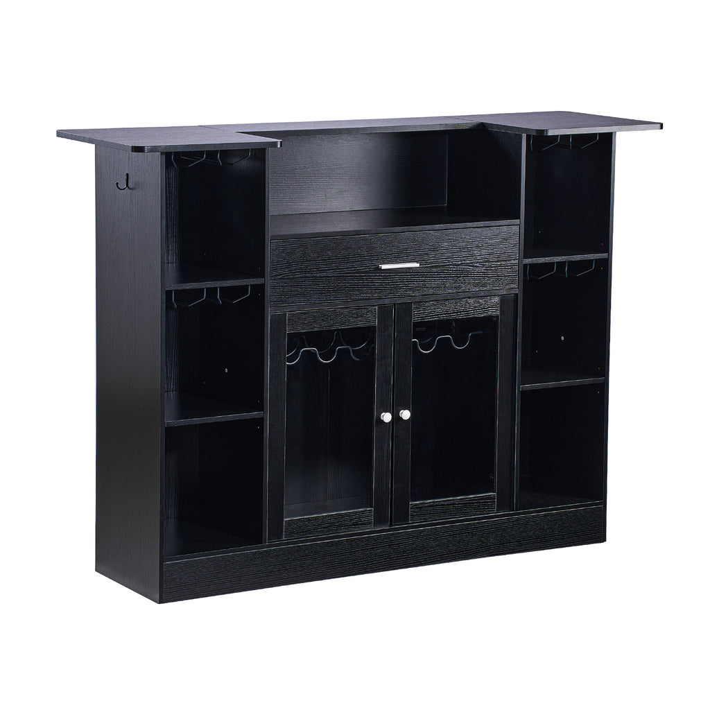 Home Bar Unit, Wine Bar Cabinet Table 4-Tier with Storage Drawer Shelves, Wine Glass Holder, Bottle Rack, LED Light, Wood & Metal Liquor Cabinet for Home, Basement, Kitchen, Living Room, Black - Grand Goldman Shop