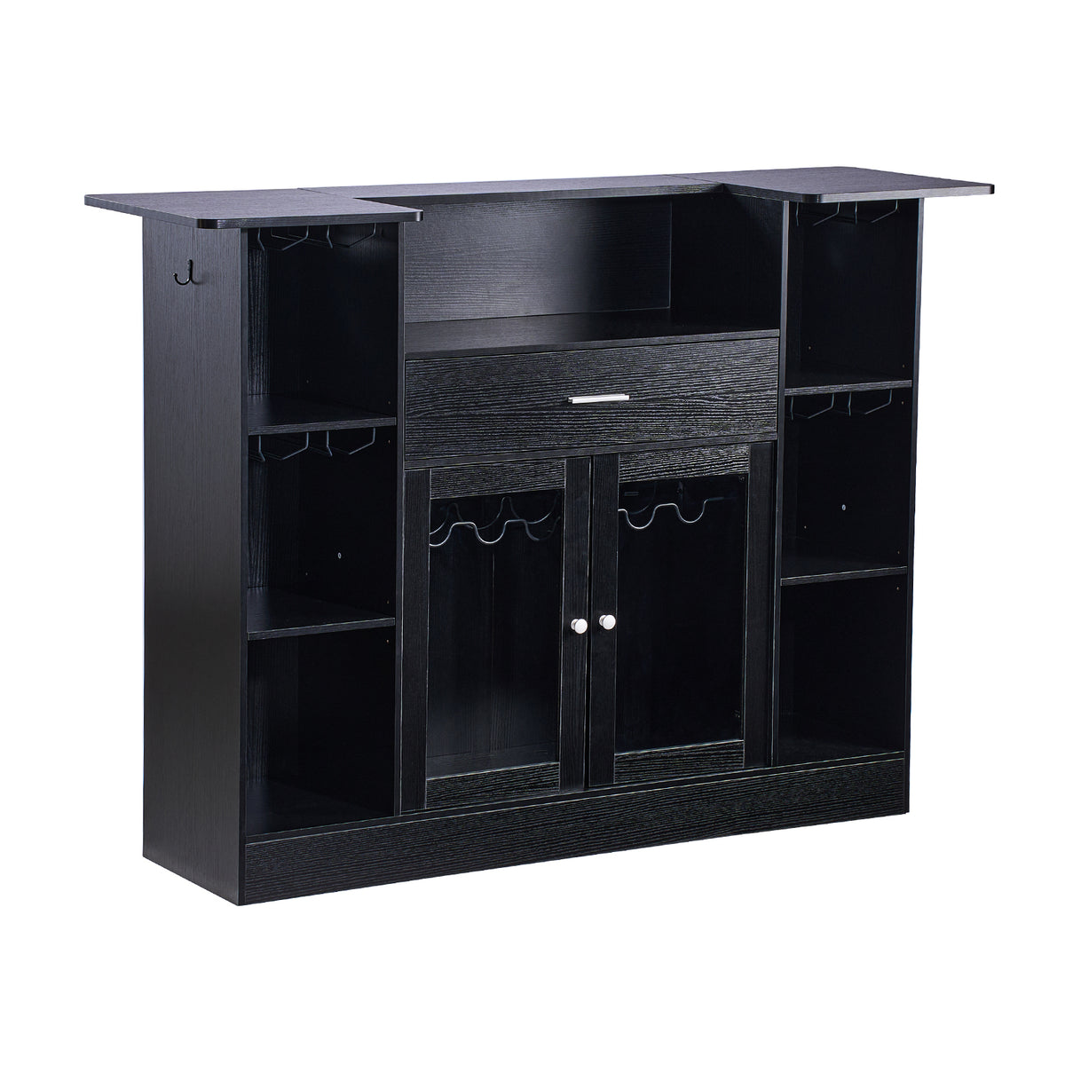 Home Bar Unit, Wine Bar Cabinet Table 4-Tier with Storage Drawer Shelves, Wine Glass Holder, Bottle Rack, LED Light, Wood & Metal Liquor Cabinet for Home, Basement, Kitchen, Living Room, Black - Grand Goldman Shop
