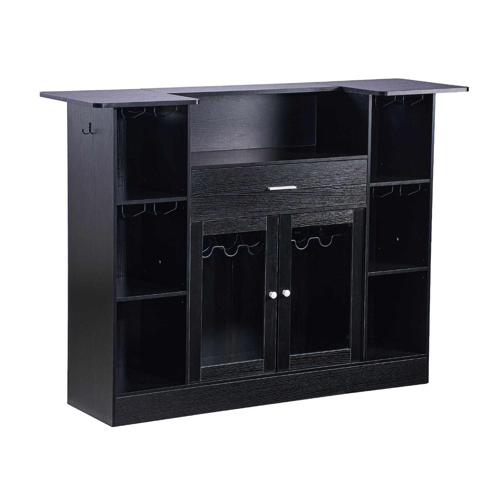 Home Bar Unit, Wine Bar Cabinet Table 4-Tier with Storage Drawer Shelves, Wine Glass Holder, Bottle Rack, LED Light, Wood & Metal Liquor Cabinet for Home, Basement, Kitchen, Living Room, Black - Grand Goldman Shop