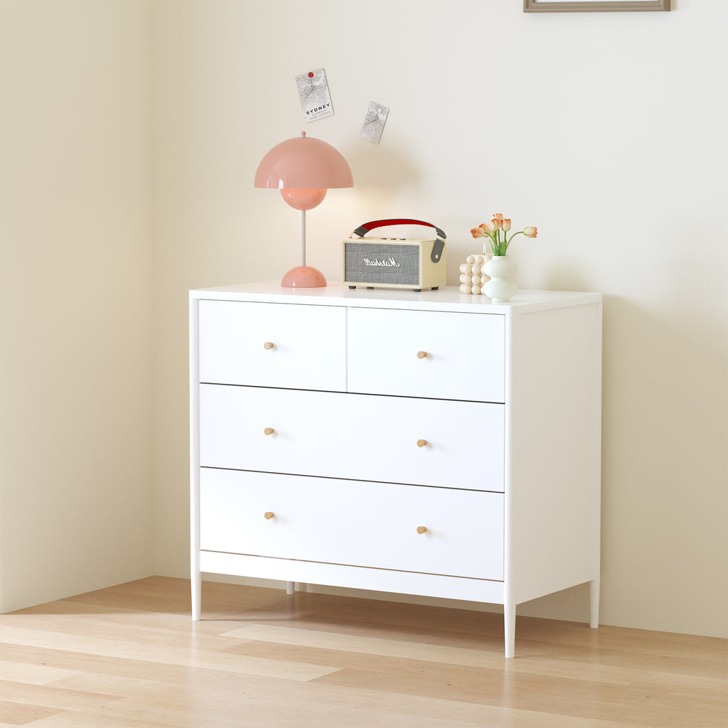 White 4-Drawer Kids Dresser with Antique Brass Pulls, Wooden Storage Cabinet for Nursery or Toddler Bedroom, 35.4' Wide - Grand Goldman Shop