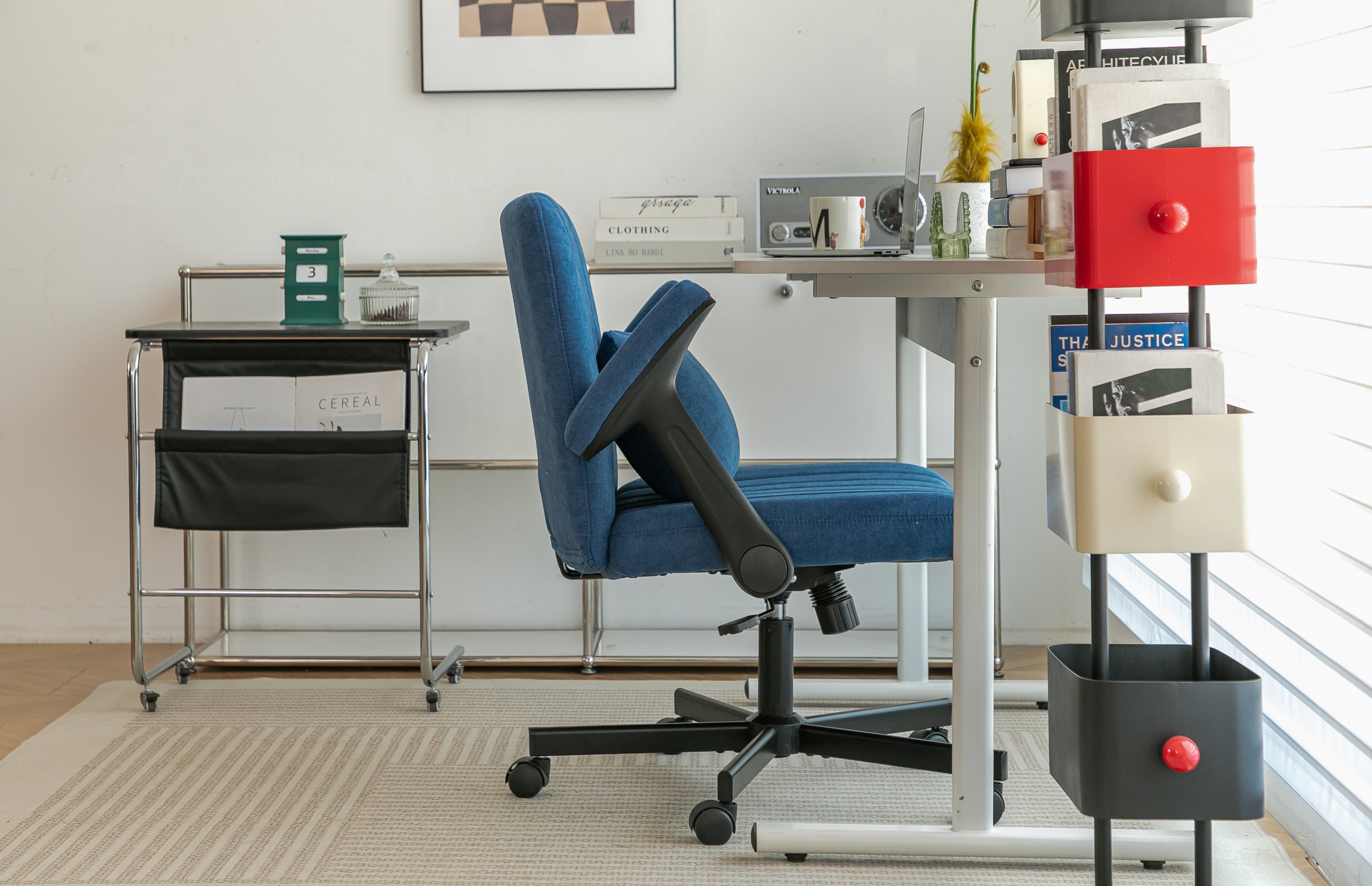 Modern Linen Blue Criss Cross Armrest Office Chair with Foldable Design, Soft Velvet Fabric, 36.6-Inch Height | Premium Home 