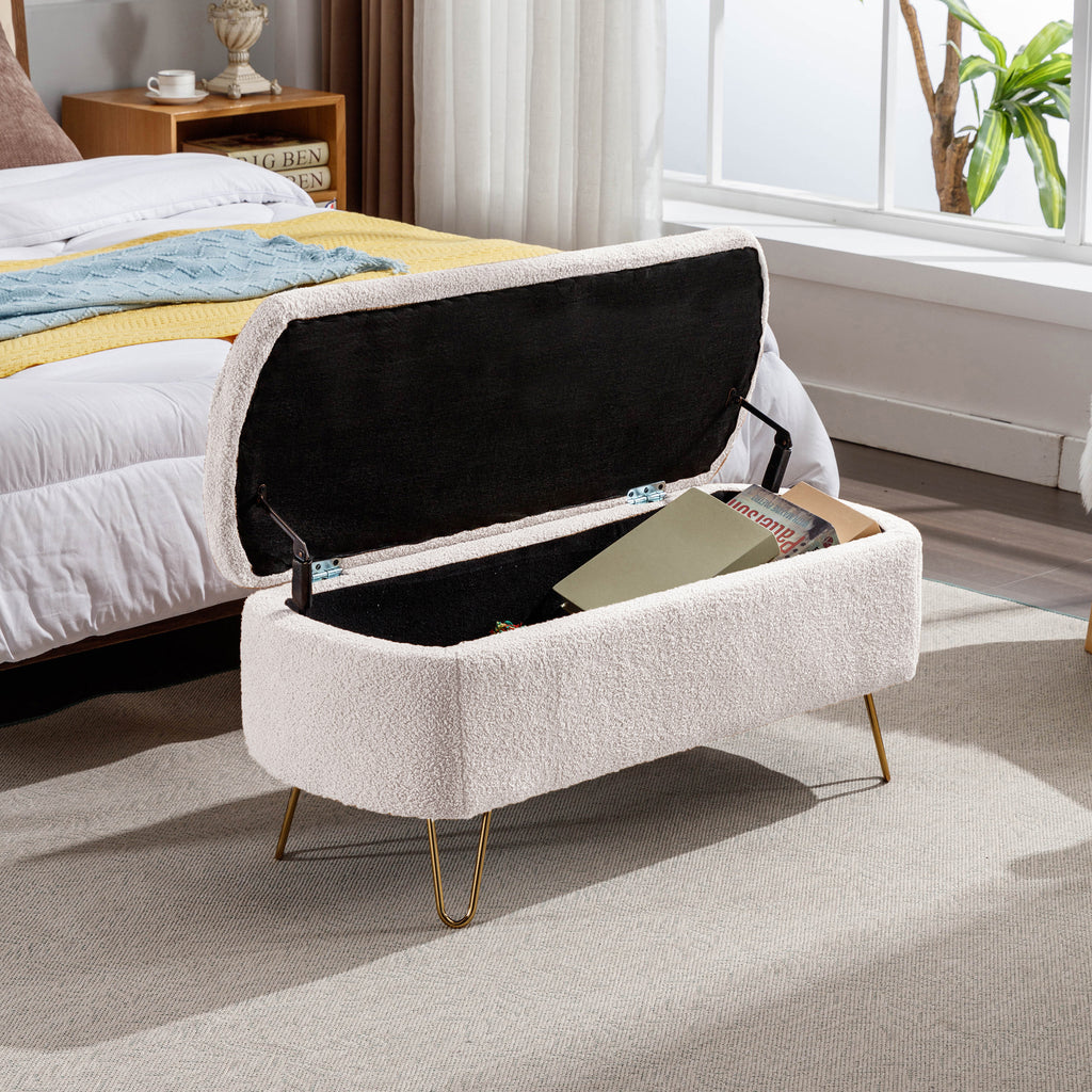 Ivory White Storage Ottoman Bench for End of Bed Gold Legs, Modern Ivory White Faux Fur Entryway Bench Upholstered Padded with Storage for Living Room Bedroom - Grand Goldman Shop