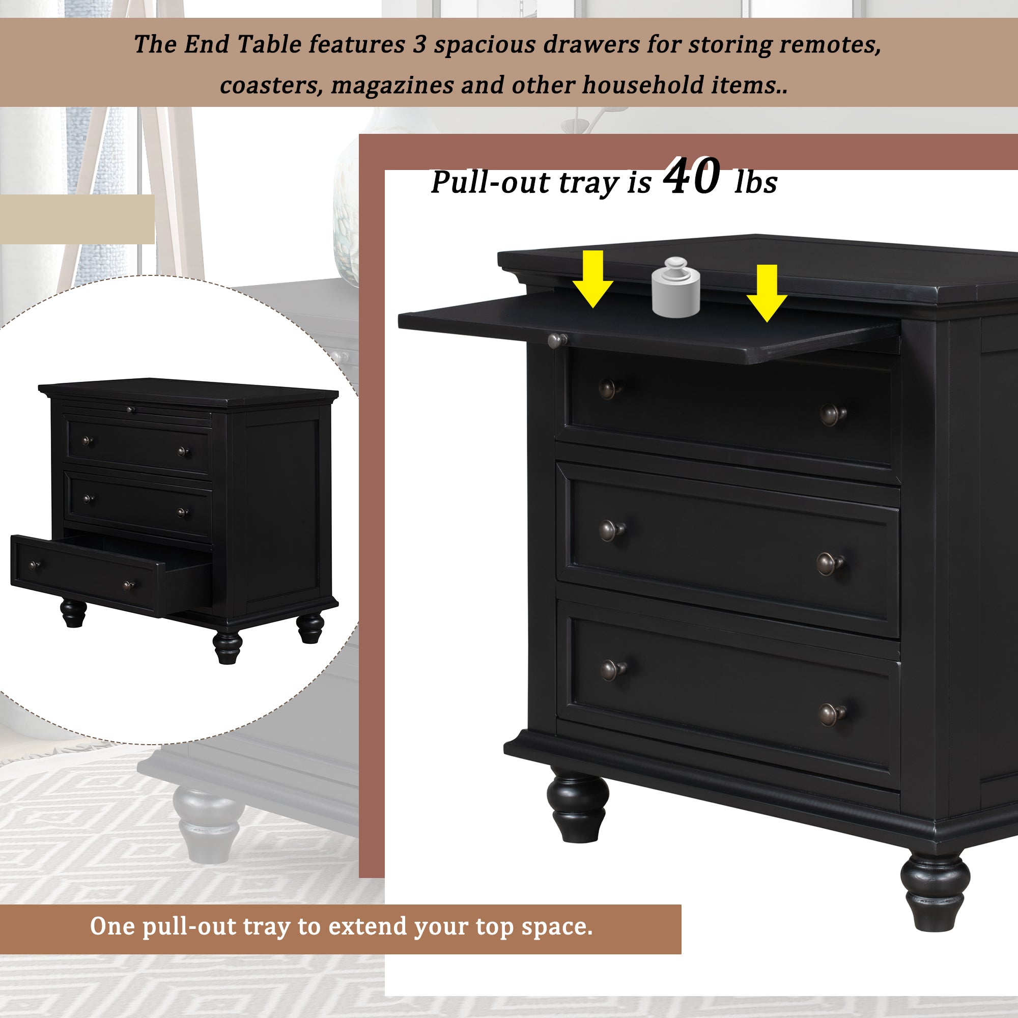 U_STYLE 27.6'' Painted Nightstand with pull-out tray, Fashion Bedside Cabinet with 3 Drawers, Minimalist Sofa Side Table with rubber legs and Metal handle for Bedroom Sofa Couch Office - Grand Goldman Shop