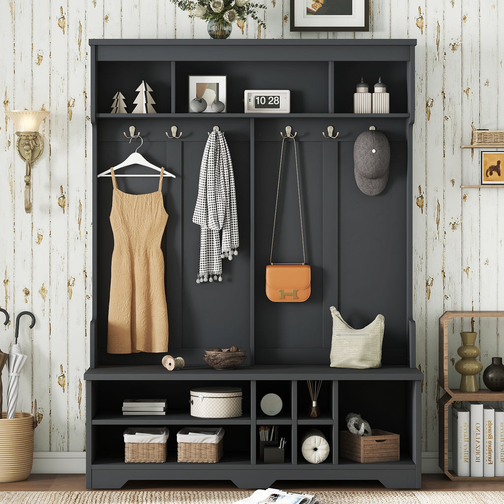 Modern Hallway Hall Tree with Metal Hooks and Storage Space, Multi-Functional Entryway Coat Rack with Shoe Cubbies, Black - Grand Goldman Shop