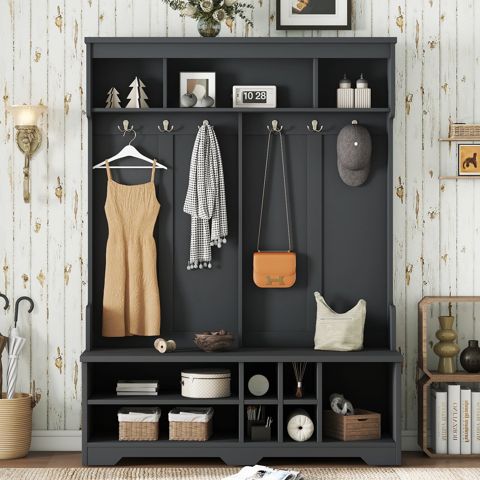 Modern Hallway Hall Tree with Metal Hooks and Storage Space, Multi-Functional Entryway Coat Rack with Shoe Cubbies, Black - Grand Goldman Shop