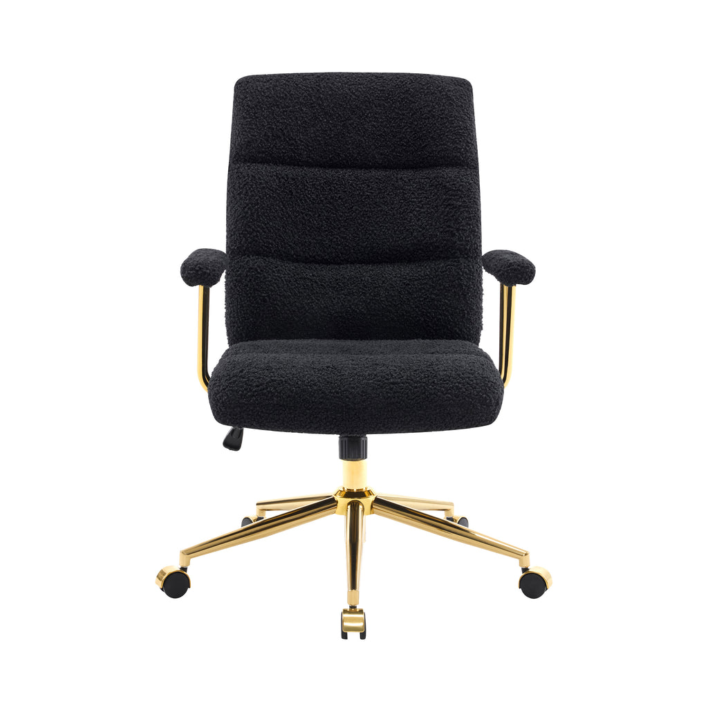 Textured Boucle Fabric Black and Gold Office Chair, Modern Height Adjustable Desk Chair with Padded Arms | Premium Home Decor