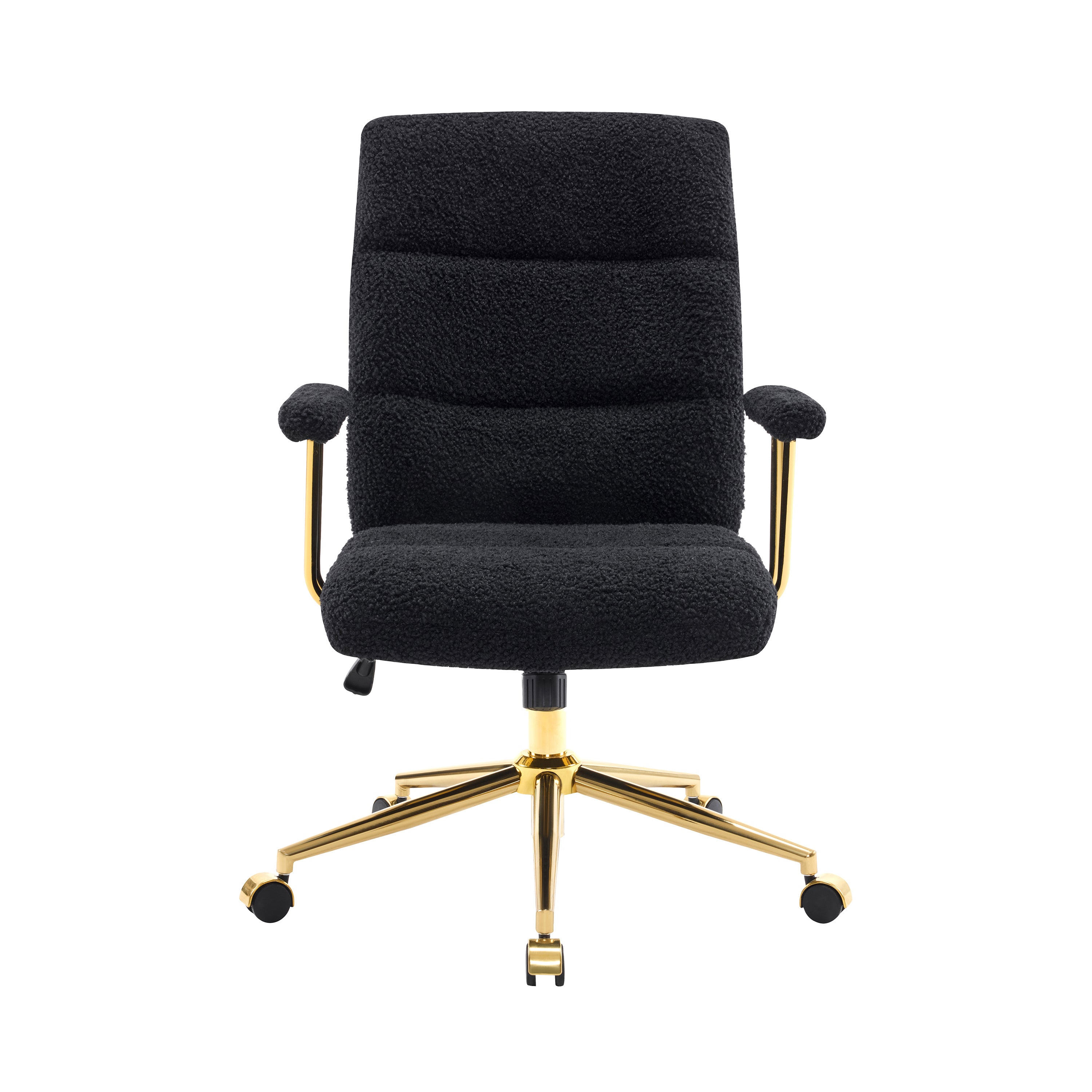 Textured Boucle Fabric Black and Gold Office Chair, Modern Height Adjustable Desk Chair with Padded Arms | Premium Home Decor