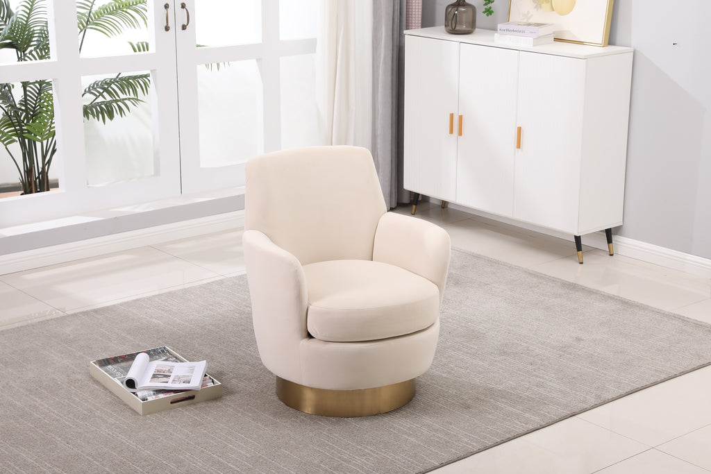 Velvet Swivel Barrel Chair, Swivel Accent Chairs Armchair for Living Room, Reading Chairs for Bedroom Comfy, Round Barrel Chairs with Gold Stainless Steel Base (Beige) - Grand Goldman Shop