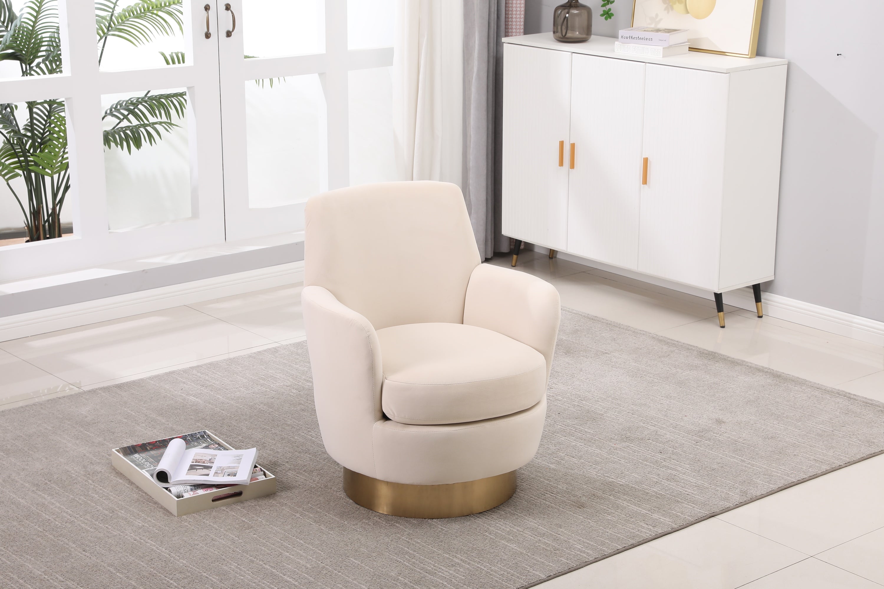 Velvet Swivel Barrel Chair, Swivel Accent Chairs Armchair for Living Room, Reading Chairs for Bedroom Comfy, Round Barrel Chairs with Gold Stainless Steel Base (Beige) - Grand Goldman Shop
