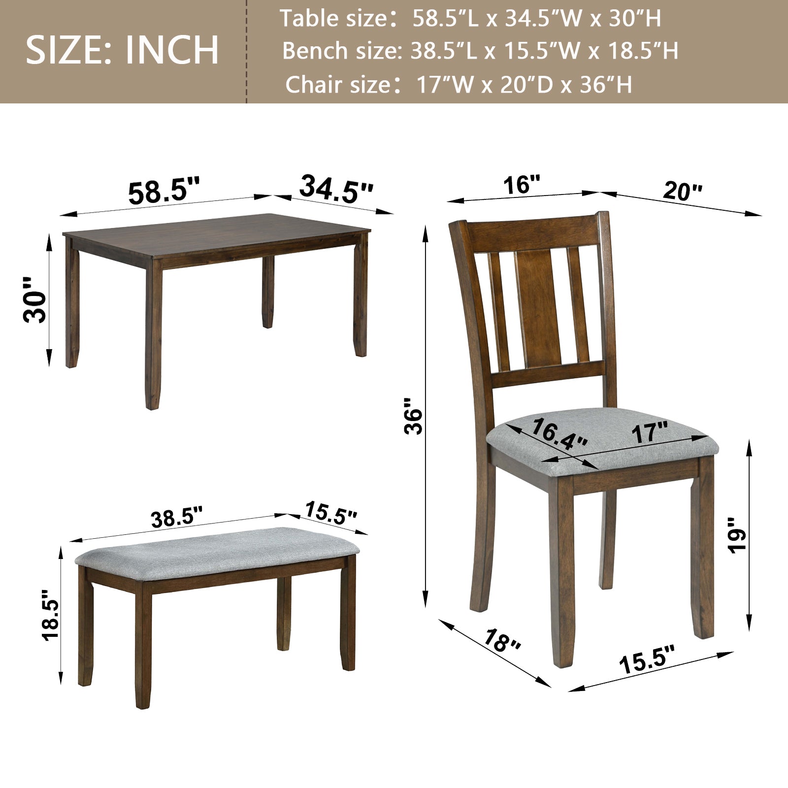 6PCs Kitchen Dining Set, Rectangular Wooden Dining Table with 4 Upholstered Chairs and a Bench, Dining Table Set for 6 People, Living Room, Home Bar and Kitchen, Walnut - Grand Goldman Shop