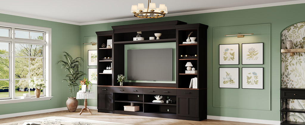 Farmhouse Entertainment Wall Unit with Bookshelf for TVs Up to 70', Walnut TV Stand with Adjustable Shelves, Mid-Century Media Console with Wine Rack for Living Room, Black (NEW SKU: N721S000046B-2) - Grand Goldman Shop