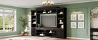 Farmhouse Entertainment Wall Unit with Bookshelf for TVs Up to 70', Walnut TV Stand with Adjustable Shelves, Mid-Century Media Console with Wine Rack for Living Room, Black (NEW SKU: N721S000046B-2) - Grand Goldman Shop