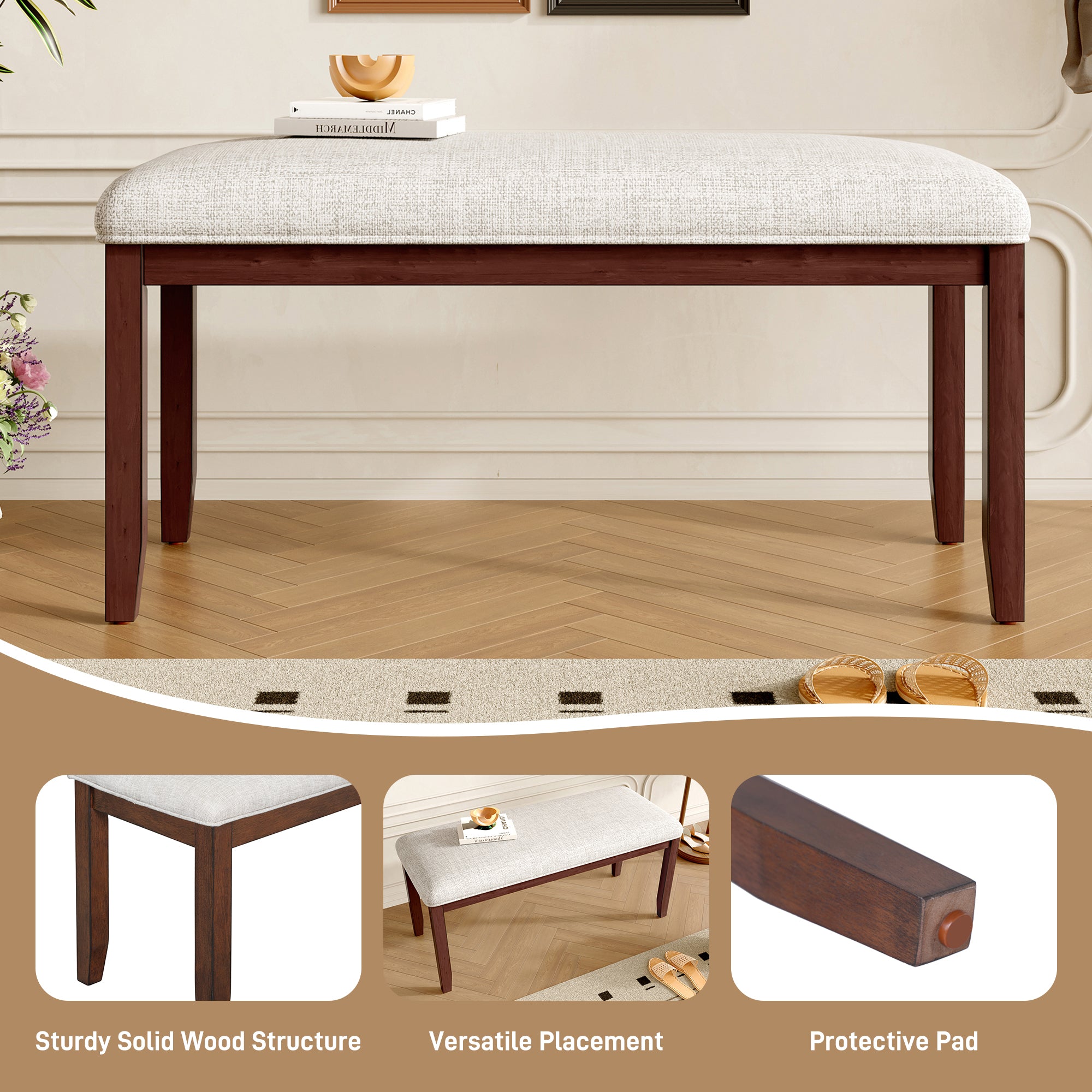 Upholstered Bench for Bedroom End of Bed,38-inch Entryway Bench for Living Room,Dining Bench with Padded Seat and Solid Wood Leg for Kitchen Bedroom,Indoor and Hallway (Bench, Beige+Cherry) - Grand Goldman Shop