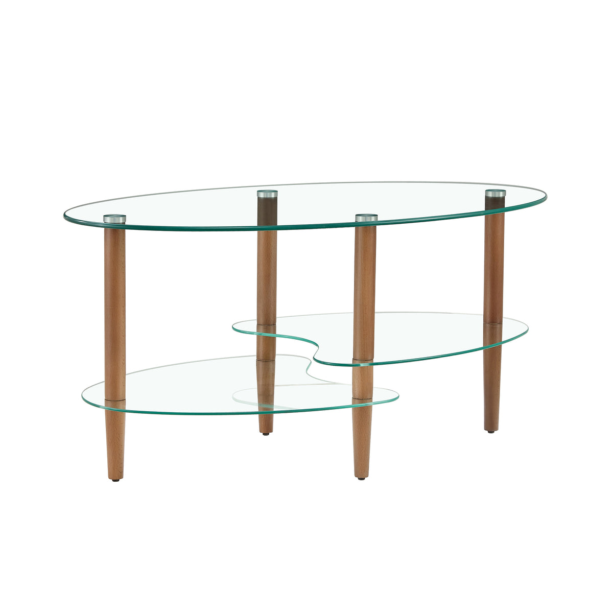 Modern Transparent Oval Glass Coffee Table with Oak Wood Legs, 3-Layer Design for Living Room - Grand Goldman Shop