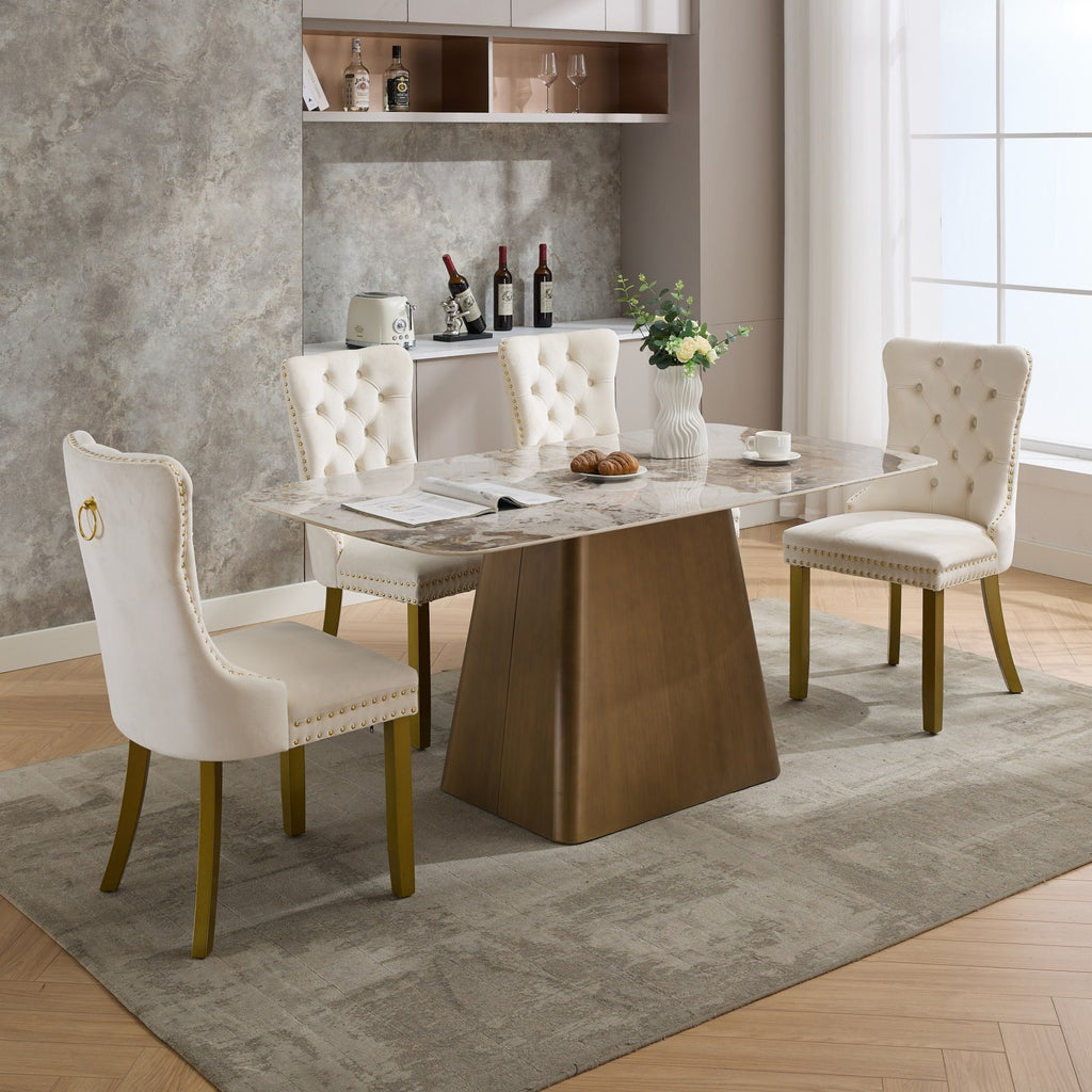 A&A Furniture, Nikki Collection Modern, High-end Tufted Solid Wood Contemporary Velvet Upholstered Dining Chair with golden Wood Legs Nailhead Trim 2-Pcs Set, Milky White,SW1401MW - Grand Goldman Shop
