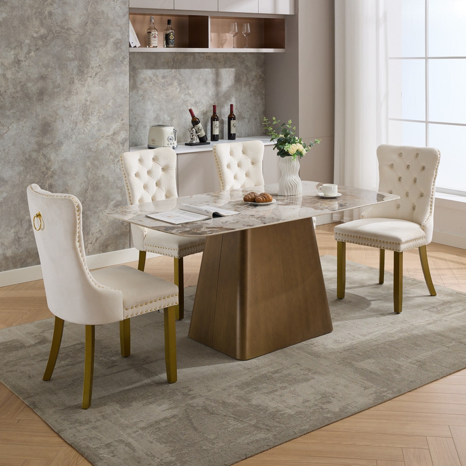 A&A Furniture, Nikki Collection Modern, High-end Tufted Solid Wood Contemporary Velvet Upholstered Dining Chair with golden Wood Legs Nailhead Trim 2-Pcs Set, Milky White,SW1401MW - Grand Goldman Shop