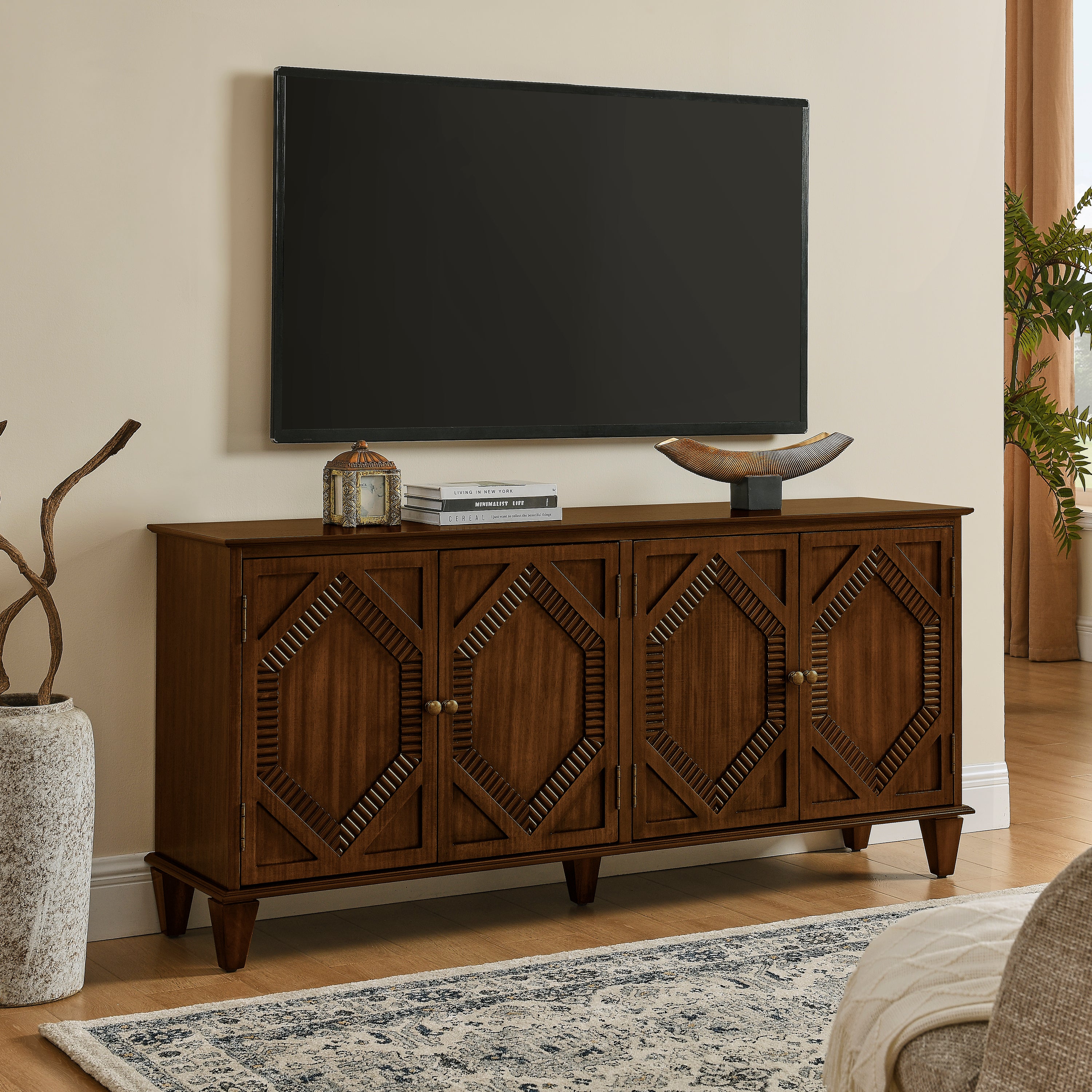 65.2' Mid Century Modern Sideboard Buffet Cabinet with Storage, Symmetrical Geometric Accent Coffee Bar Wine Bar Storage Cabinet, Large Console Table for Living Room/Entryway/Kitchen, Walnut - Grand Goldman Shop