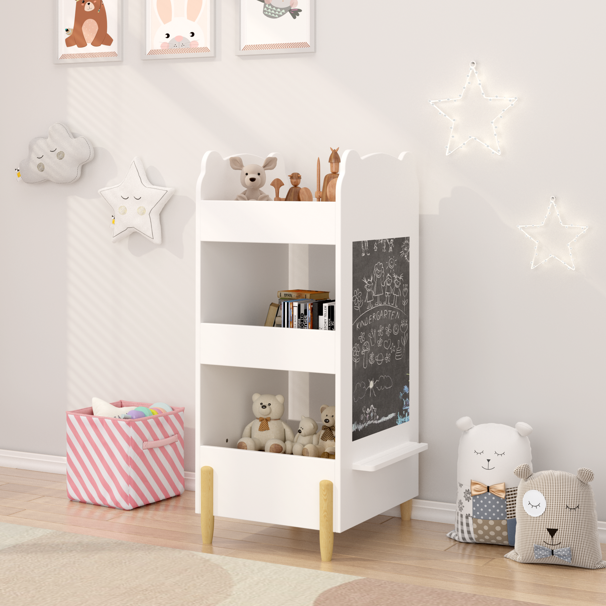 Kids Bookshelf with Chalkboard Side – Bear-Shaped Wooden Bookcase with 3-Tier Storage, Drawing Board for Toddlers, Toy and Bo
