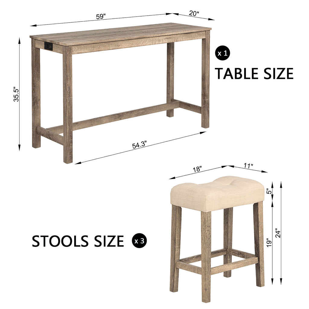 4-Piece Bar Table Set with Power Outlet, Dining Bar Table and Chairs Set, Bar Table Set with 3 Padded Stools for Living Room, Dining Room, Game Room, Brown - Grand Goldman Shop
