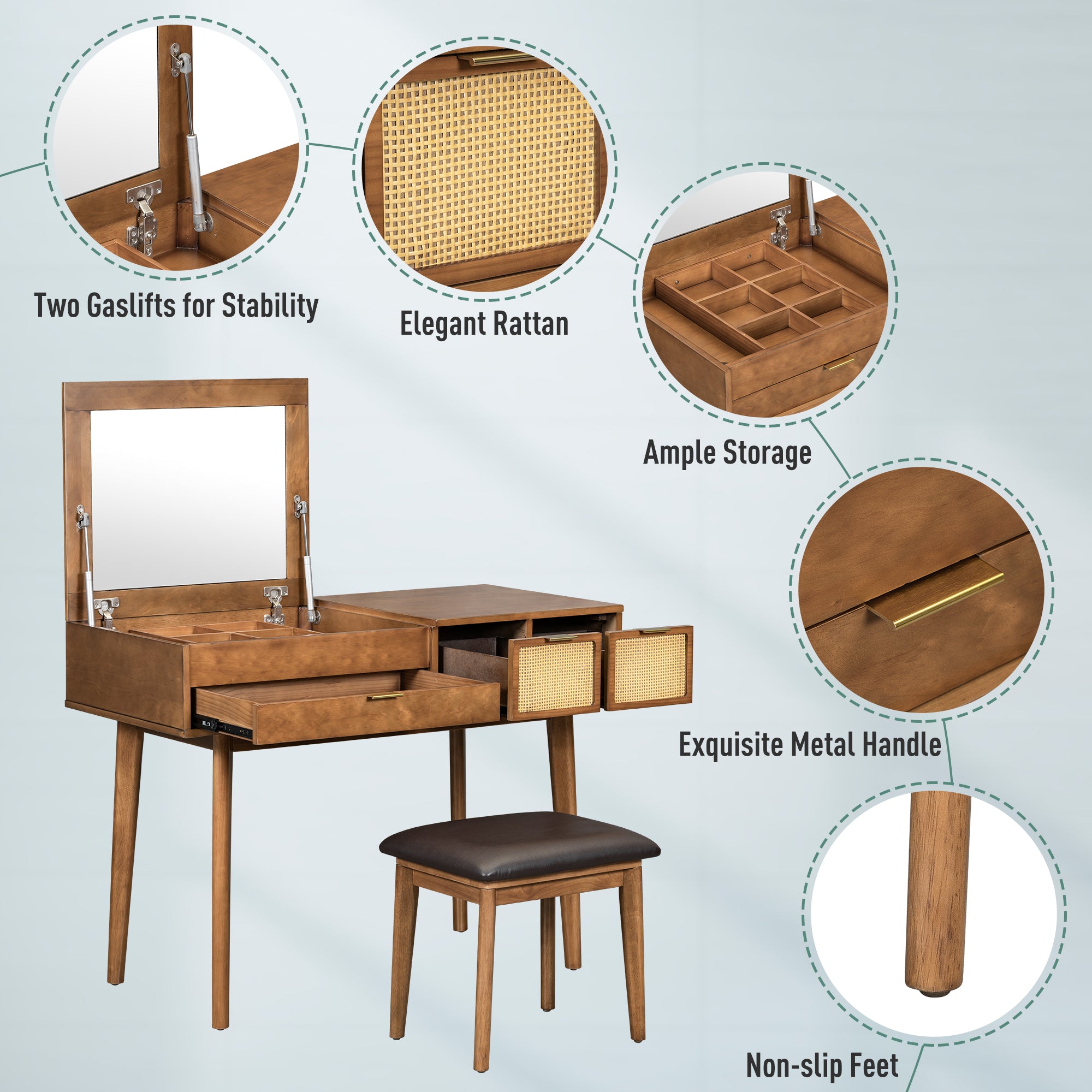 43.3' Classic Wood Makeup Vanity Set with Flip-top Mirror and Stool, Dressing Table with Three Drawers and storage space, Brown - Grand Goldman Shop