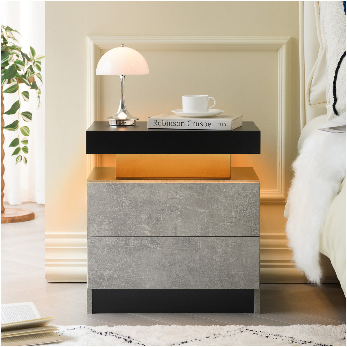 Nightstand LED Bedside Table Cabinet Lights Modern End Side with 2 Drawers for Bedroom (Black+Gray) - Grand Goldman Shop