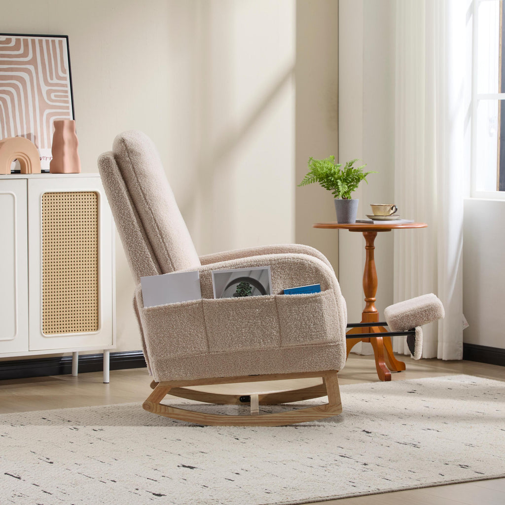 Modern Accent Rocking Chair Rocking Chair with Solid Wood Legs, Upholstered Nursery Glider Rocker Side Pocket and Footrest, Living Room Lounge Arm Chair with High Backrest (beige,teddy) - Grand Goldman Shop