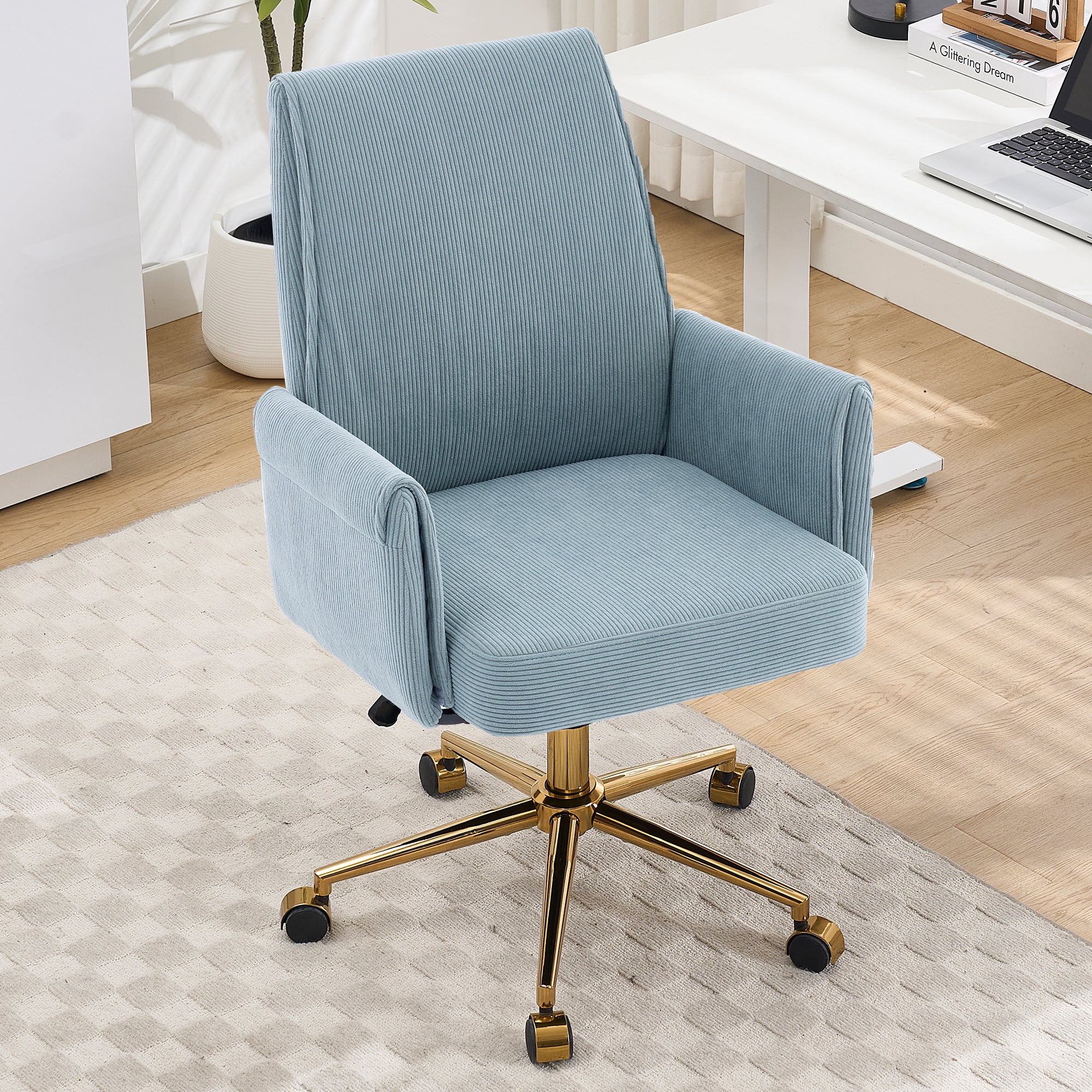 Ergonomic Mid-Back Office Chair with Striped Corduroy Fabric, Blue, Designed for Work, Study, and Relaxation - Grand Goldman