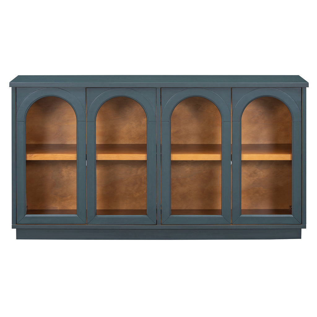TREXM 4-Door Large Storage Buffet Cabinet with Glass Doors, Arched Cabinet with Adjustable Shelves for Kitchen, Dining Room and Living Room (Navy) - Grand Goldman Shop