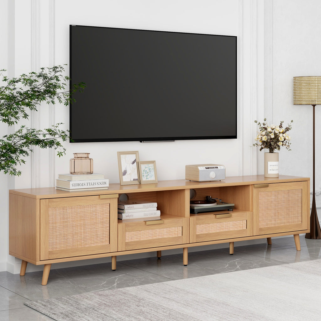 Modern Farmhouse Rattan TV Stand for TVs up to 85'', Solid Wood Legs, Media Console with MDF Board, Living Room Entertainment Center in Wood Finish - Grand Goldman Shop