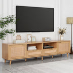 Modern Farmhouse Rattan TV Stand for TVs up to 85'', Solid Wood Legs, Media Console with MDF Board, Living Room Entertainment Center in Wood Finish - Grand Goldman Shop