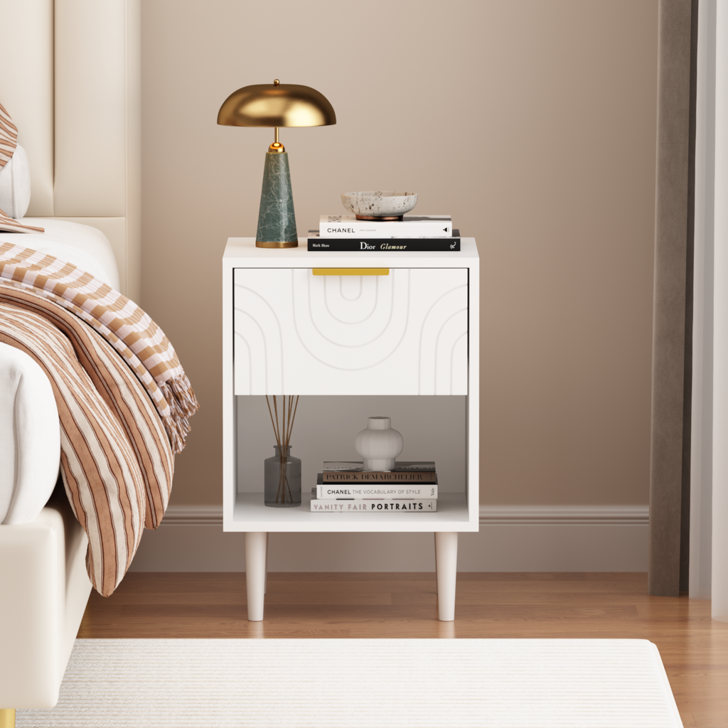 Modern White Nightstand with One Drawer and Open Shelf, Gold-Accented Handle, 22.83'' H, MDF, White - Grand Goldman Shop