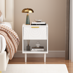 Modern White Nightstand with One Drawer and Open Shelf, Gold-Accented Handle, 22.83'' H, MDF, White - Grand Goldman Shop